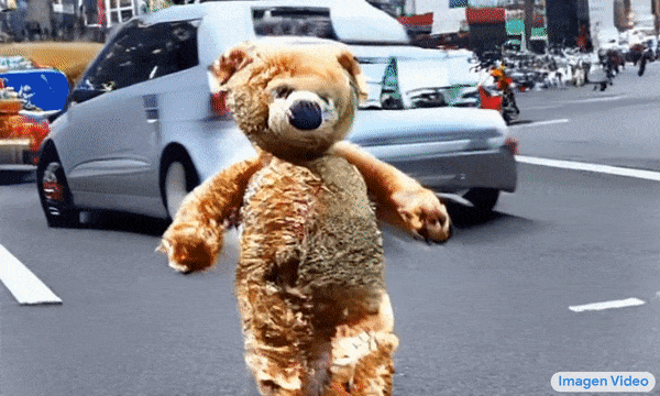 a teddy bear running in New York City