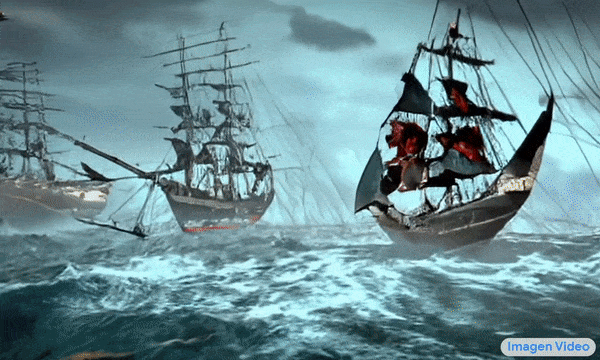 flying through an intense battle between pirate ships in a stormy ocean