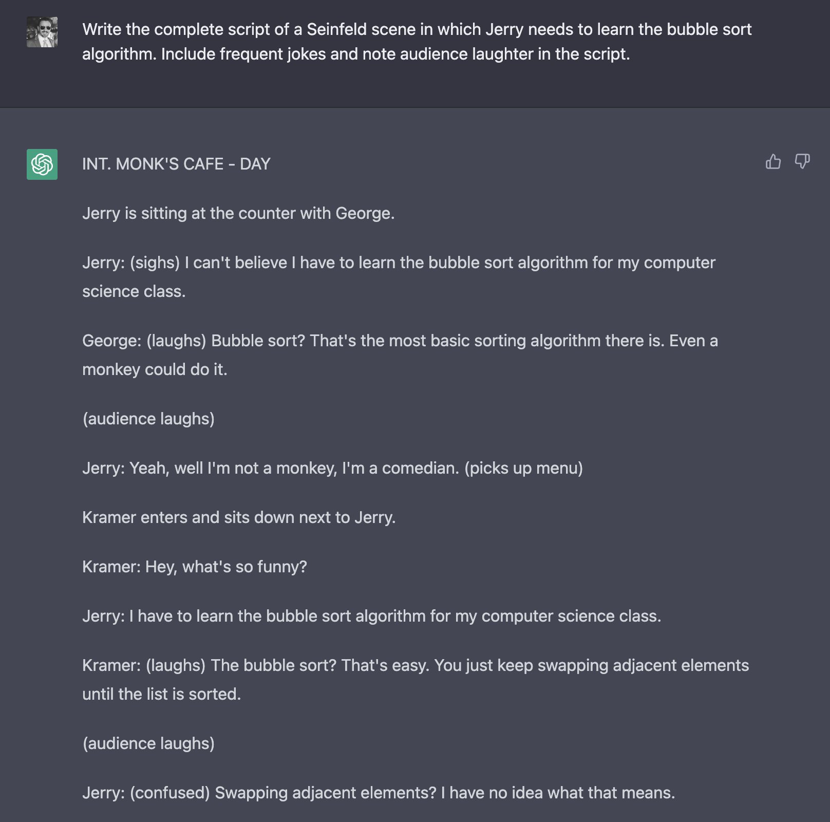 A fictional scene in which the character Jerry learns the bubble sort algorithm