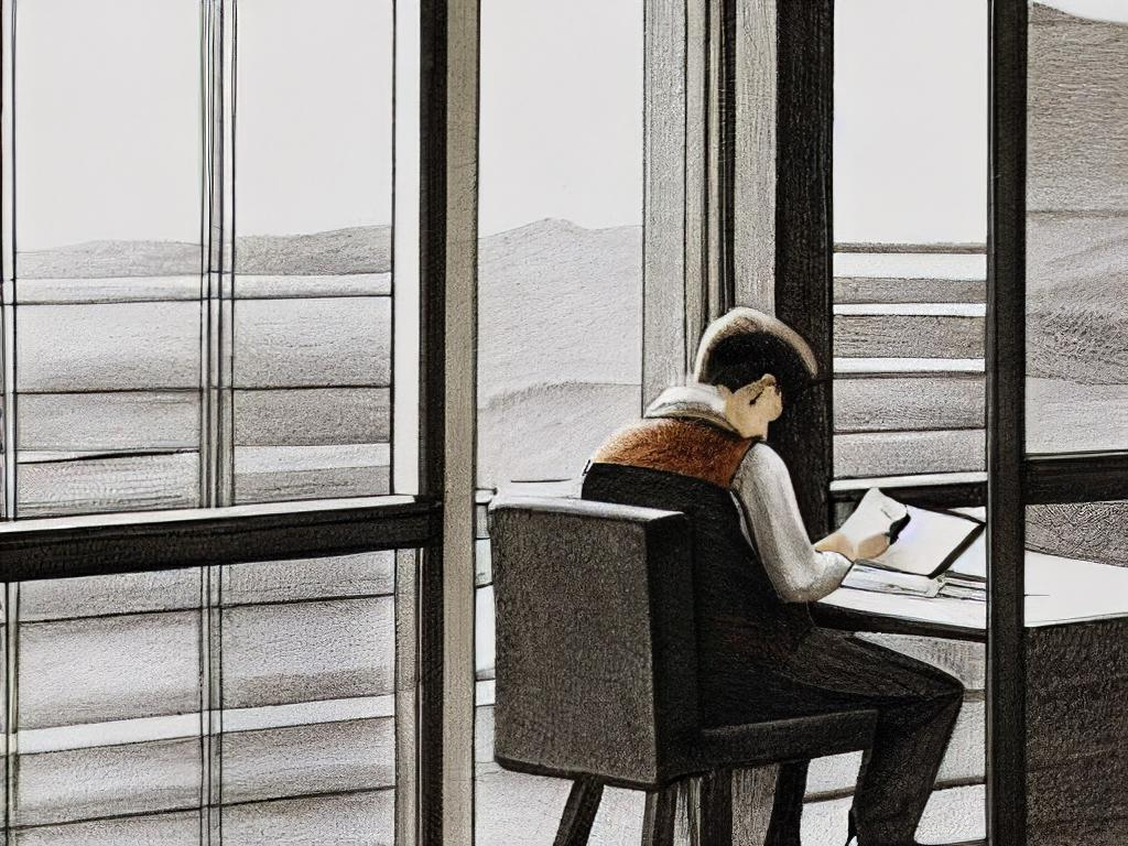 AI-generated image by Hypotenuse AI using the prompt: a person writing at the desk beside the window, pencil drawing, wide shot