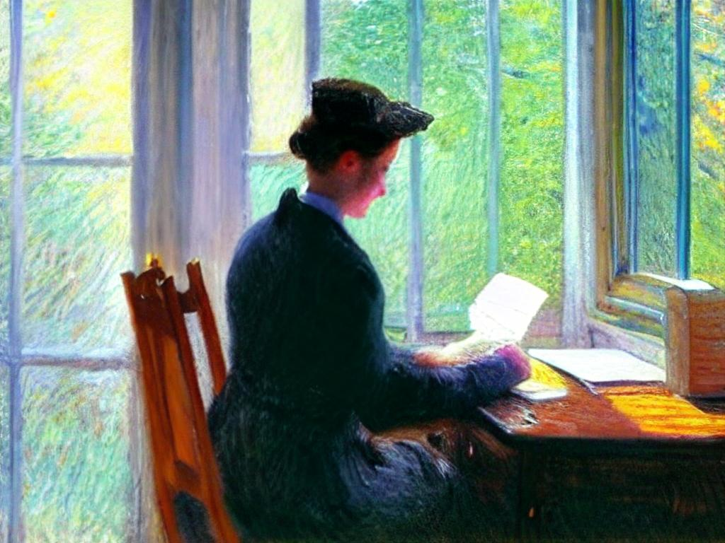 AI-generated image by Hypotenuse AI using the prompt: a person writing at the desk beside the window, impressionism