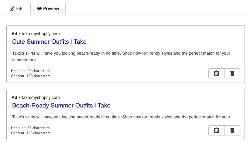 An example of Google Ads copy generated by an AI copywriter.