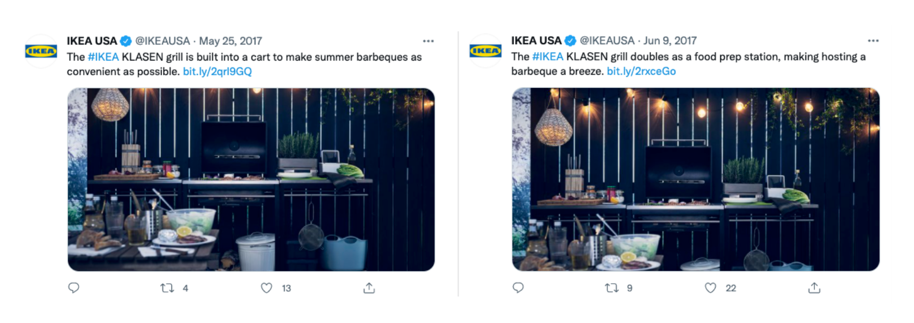 A side-by-side comparison of two similar Ikea USA posts with different captions.
